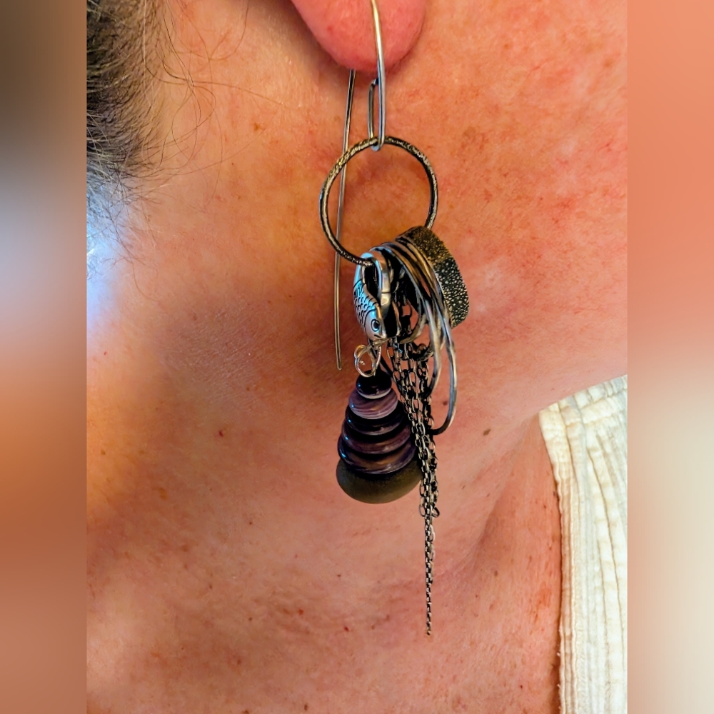 💥SOLD💥"New"Sterling Silver Dangle Earrings With Wampum&Beach Stone - Picture 4 of 9